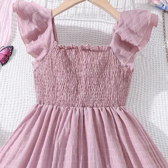 Pink Square Neck Smocked Ruffle Trim Dress - Picture 2 of 4